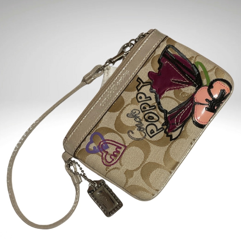 Coach Beige Signature Poppy Wristlet with Pink & Purple Floral Applique - Picture 3 of 10